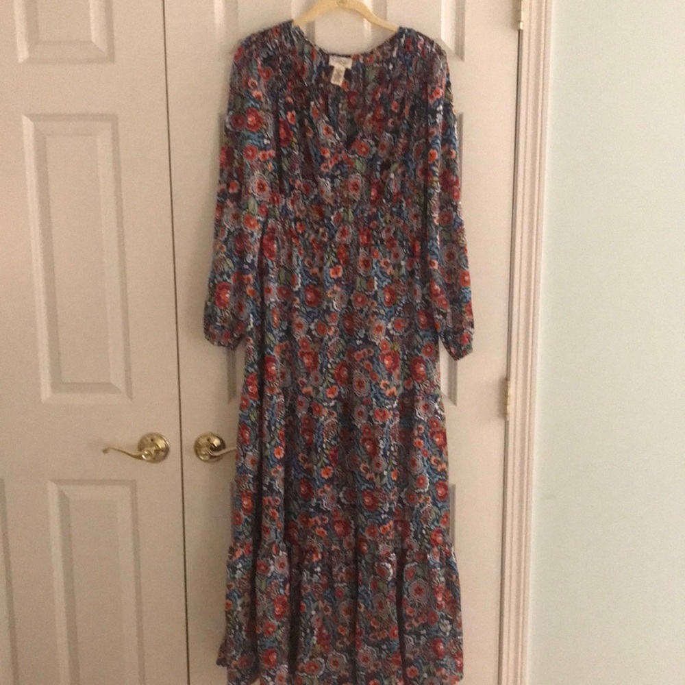 Jessica Simpson Blue Rust Red Floral Long Sleeve Maxi Dress Elastic Wais…